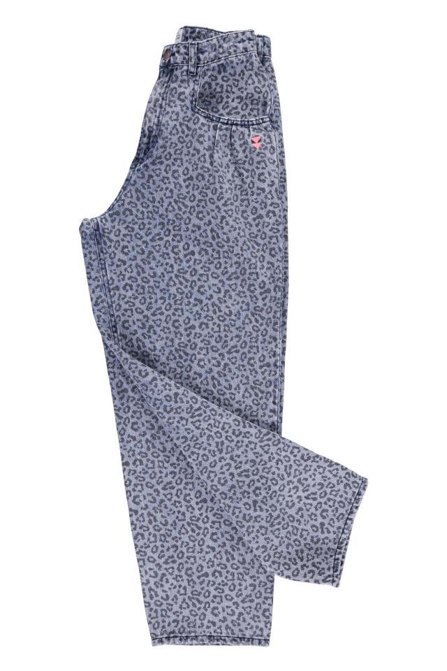 SISTERS TROUSERS WASHED BLUE DENIM W ANIMAL PRINT