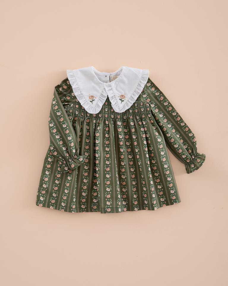 MC VESTIDO CUELLO BORDADO RAYA FLOR VERDE MUSGO